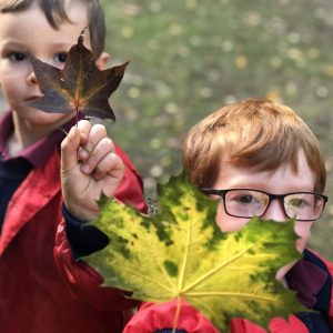 2 boys holding leaves